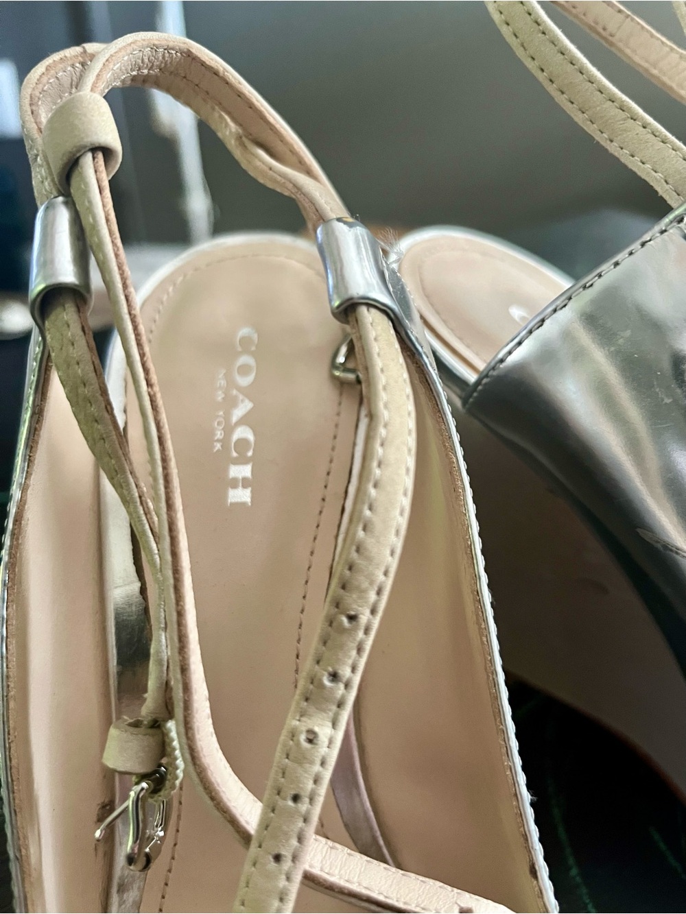 Coach Iridescent Silver Pointed-Toe Slingback Wedges - Picture 2 of 11
